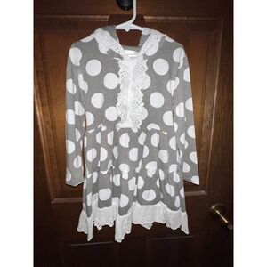 Lulu & Luli‎ Kids Gray White Polka Dot Hooded Dress 5-6T Tiered Ruffle Lace Trim
